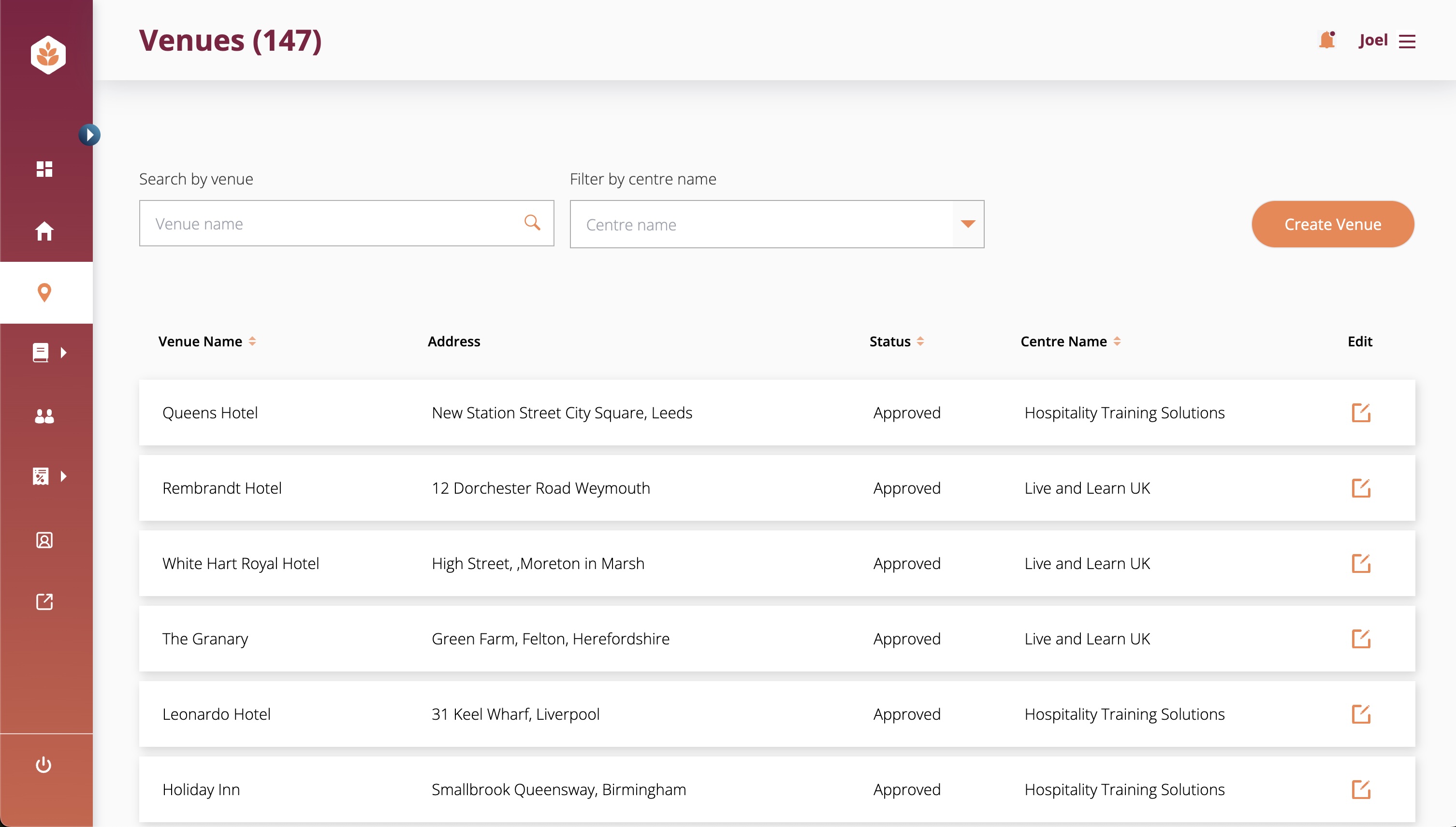 Venue management screen with approval workflow and compliance data.