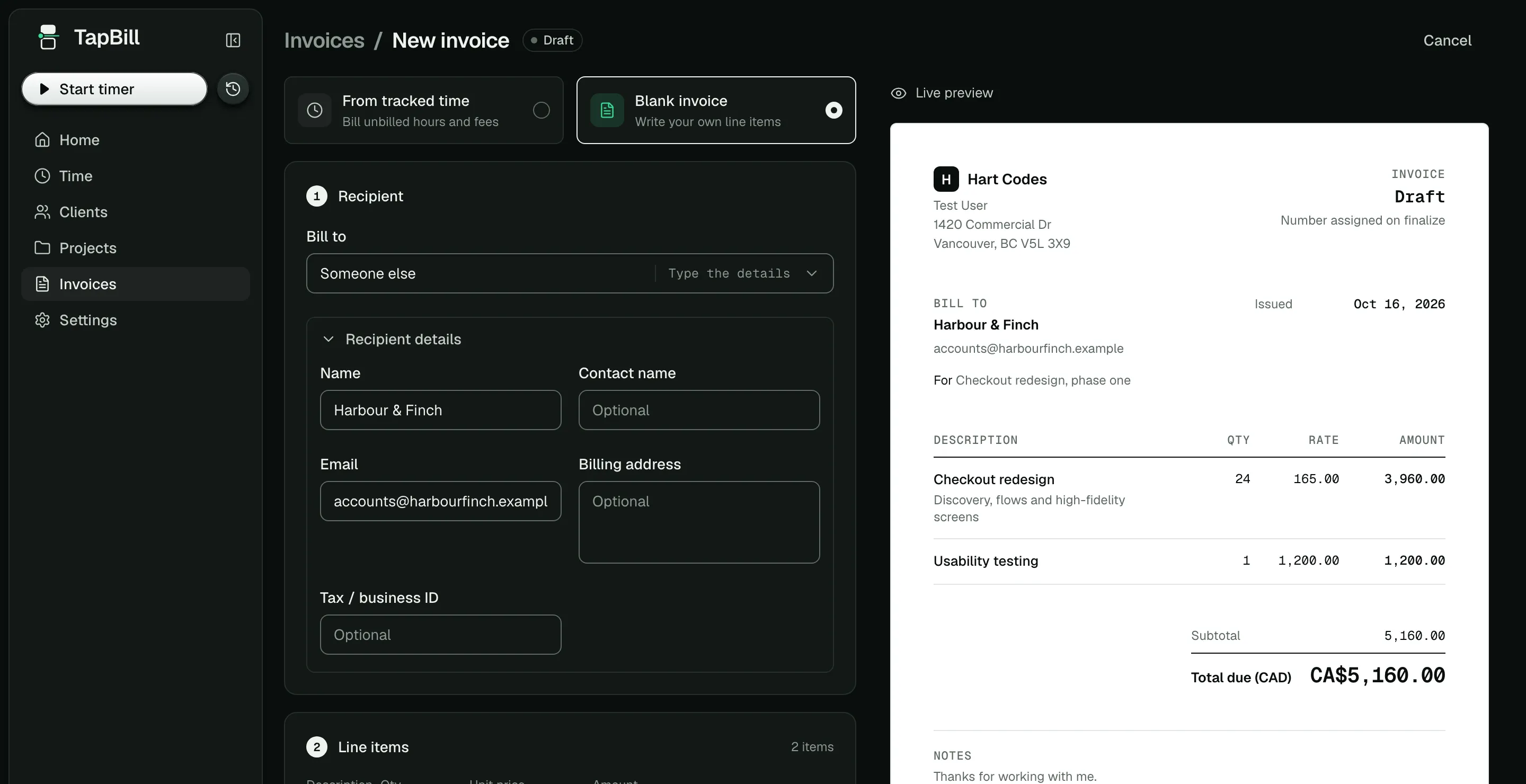 TapBill's new invoice screen: choice cards for tracked time or a blank invoice, recipient fields, and a live preview of the finished invoice with two line items and a total of CA$5,160.00.