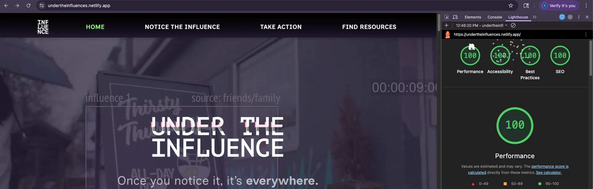 The campaign's homepage, with the heading Under The Influence over a dim photo, next to Chrome DevTools showing Lighthouse scores of 100 for Performance, Accessibility, Best Practices and SEO.